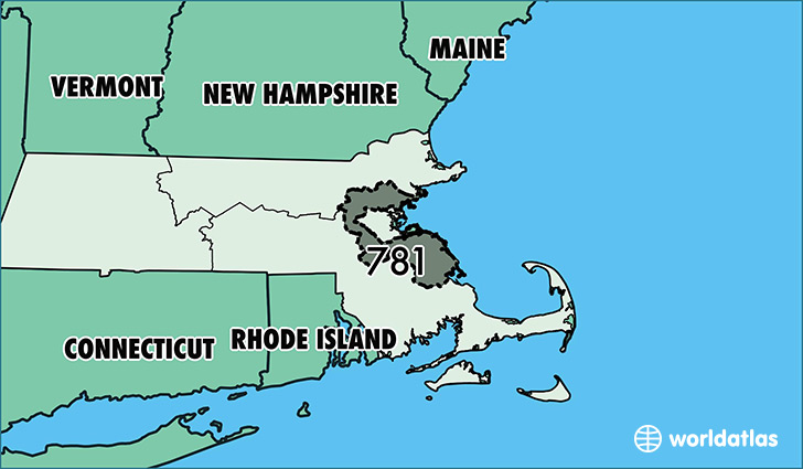 Map of Massachusetts with area code 781 highlighted