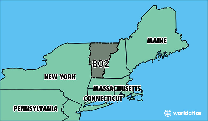 Map of Vermont with area code 802 highlighted
