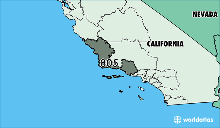 Map of California with area code 805 highlighted