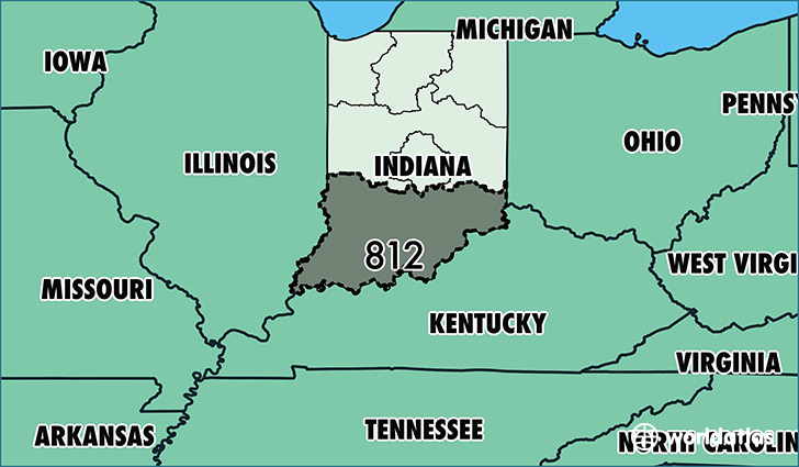 Map of Indiana with area code 812 highlighted