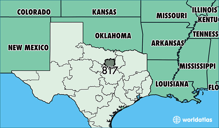 Map of Texas with area code 817 highlighted