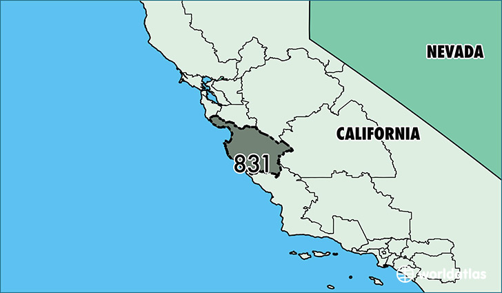 Map of California with area code 831 highlighted