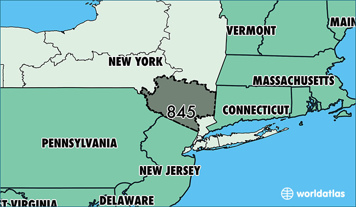 Map of New York with area code 845 highlighted