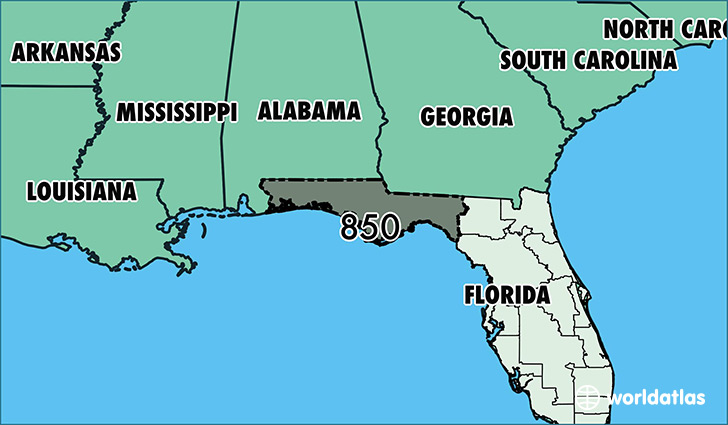 Map of Florida with area code 850 highlighted