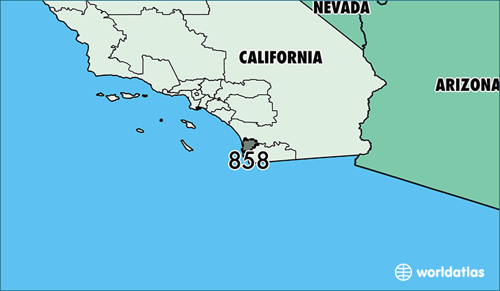 Map of California with area code 858 highlighted