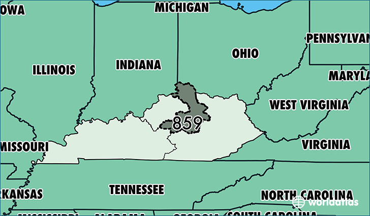 Map of Kentucky with area code 859 highlighted