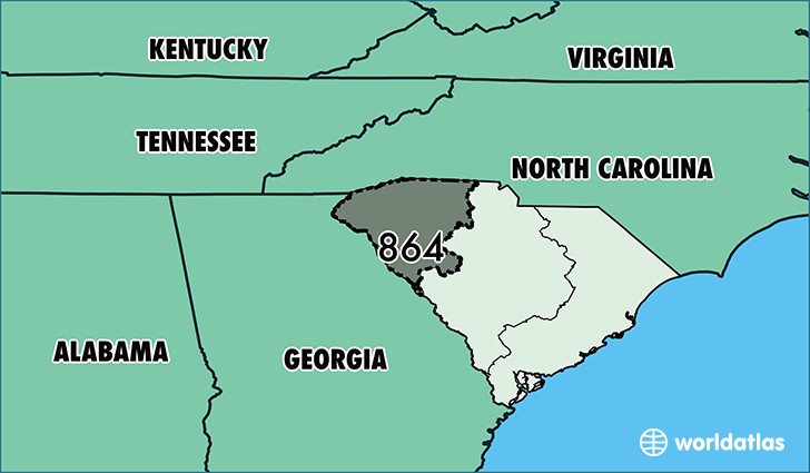 Map of South Carolina with area code 864 highlighted
