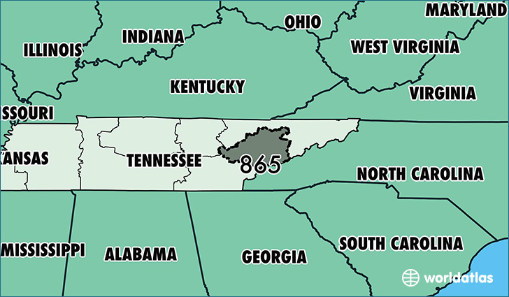 Map of Tennessee with area code 865 highlighted