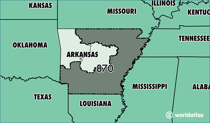 Map of Arkansas with area code 870 highlighted