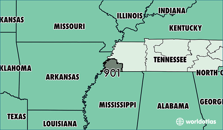 Map of Tennessee with area code 901 highlighted
