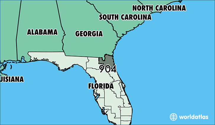 Map of Florida with area code 904 highlighted