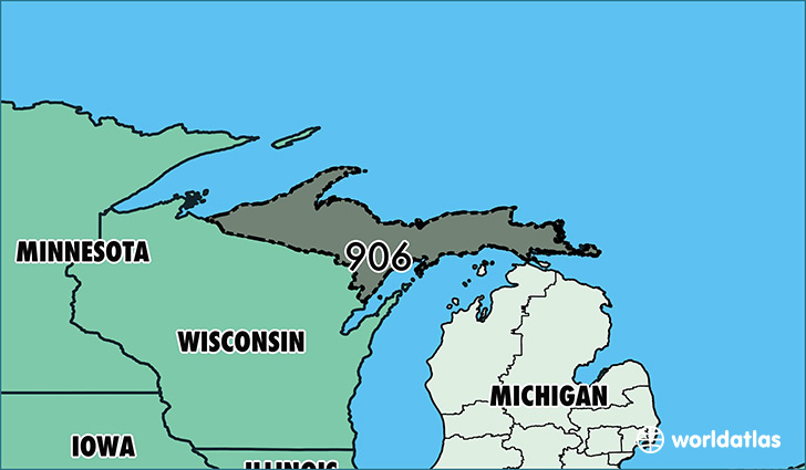 Map of Michigan with area code 906 highlighted