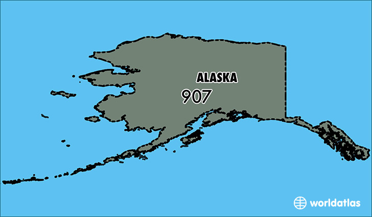 Map of Alaska with area code 907 highlighted