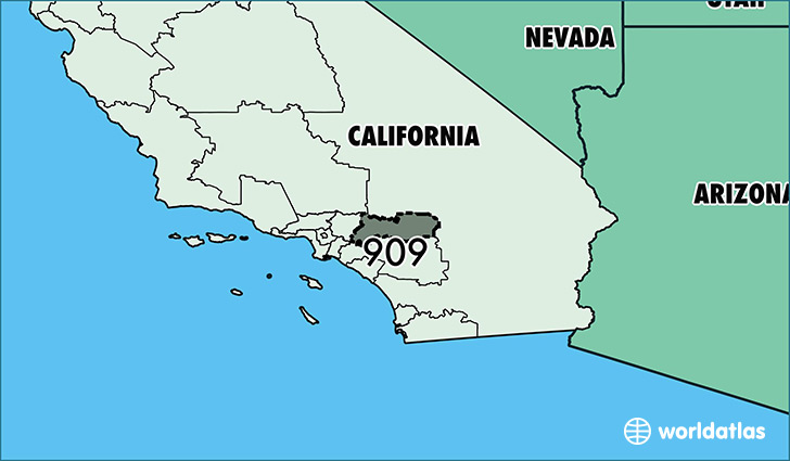 Map of California with area code 909 highlighted