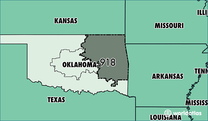 Map of Oklahoma with area code 918 highlighted