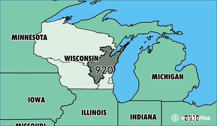 Map of Wisconsin with area code 920 highlighted