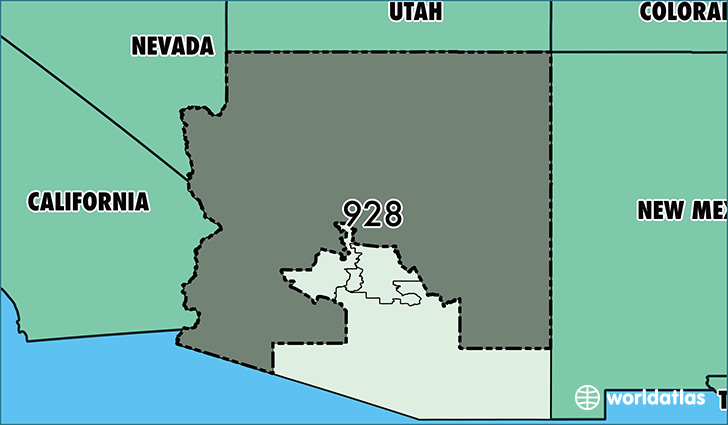 Map of Arizona with area code 928 highlighted