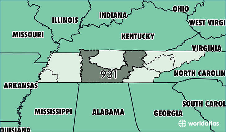 Map of Tennessee with area code 931 highlighted