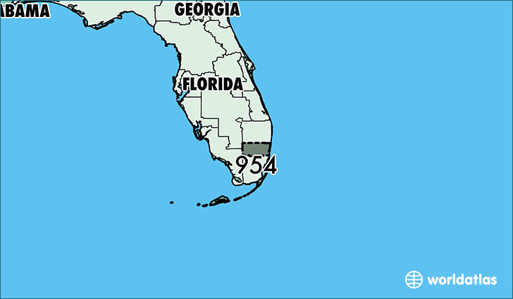 Map of Florida with area code 954 highlighted