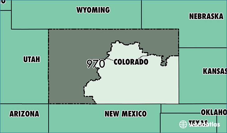 Map of Colorado with area code 970 highlighted