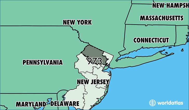 Map of New Jersey with area code 973 highlighted