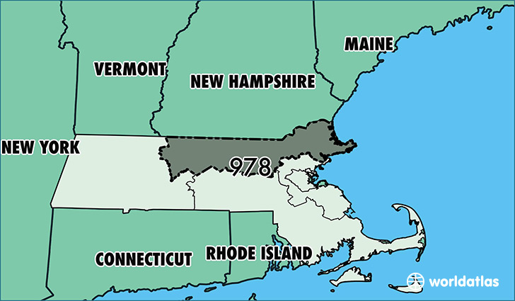 Map of Massachusetts with area code 978 highlighted
