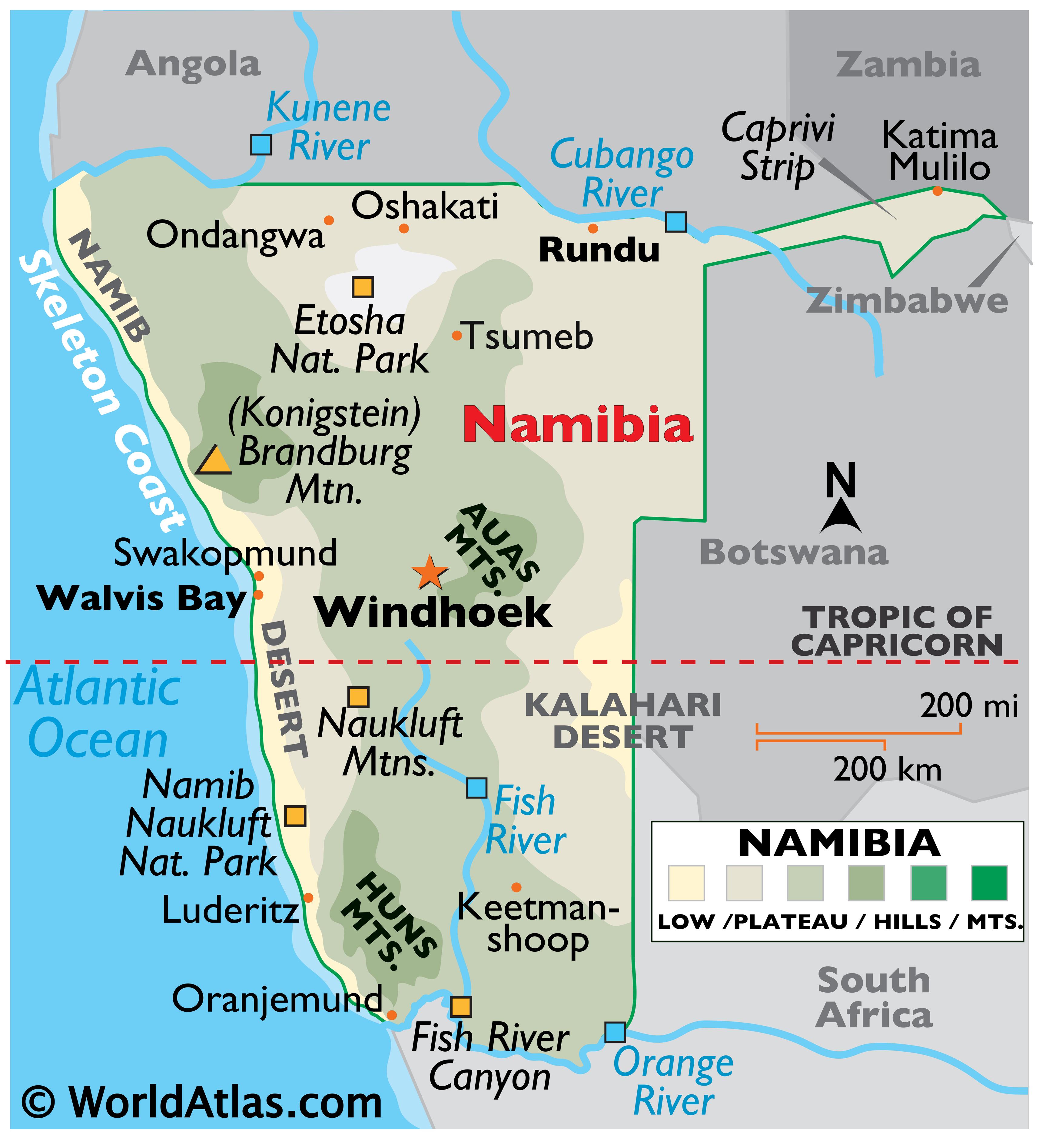 Namibia Latitude, Longitude, Absolute and Relative Locations World Atlas