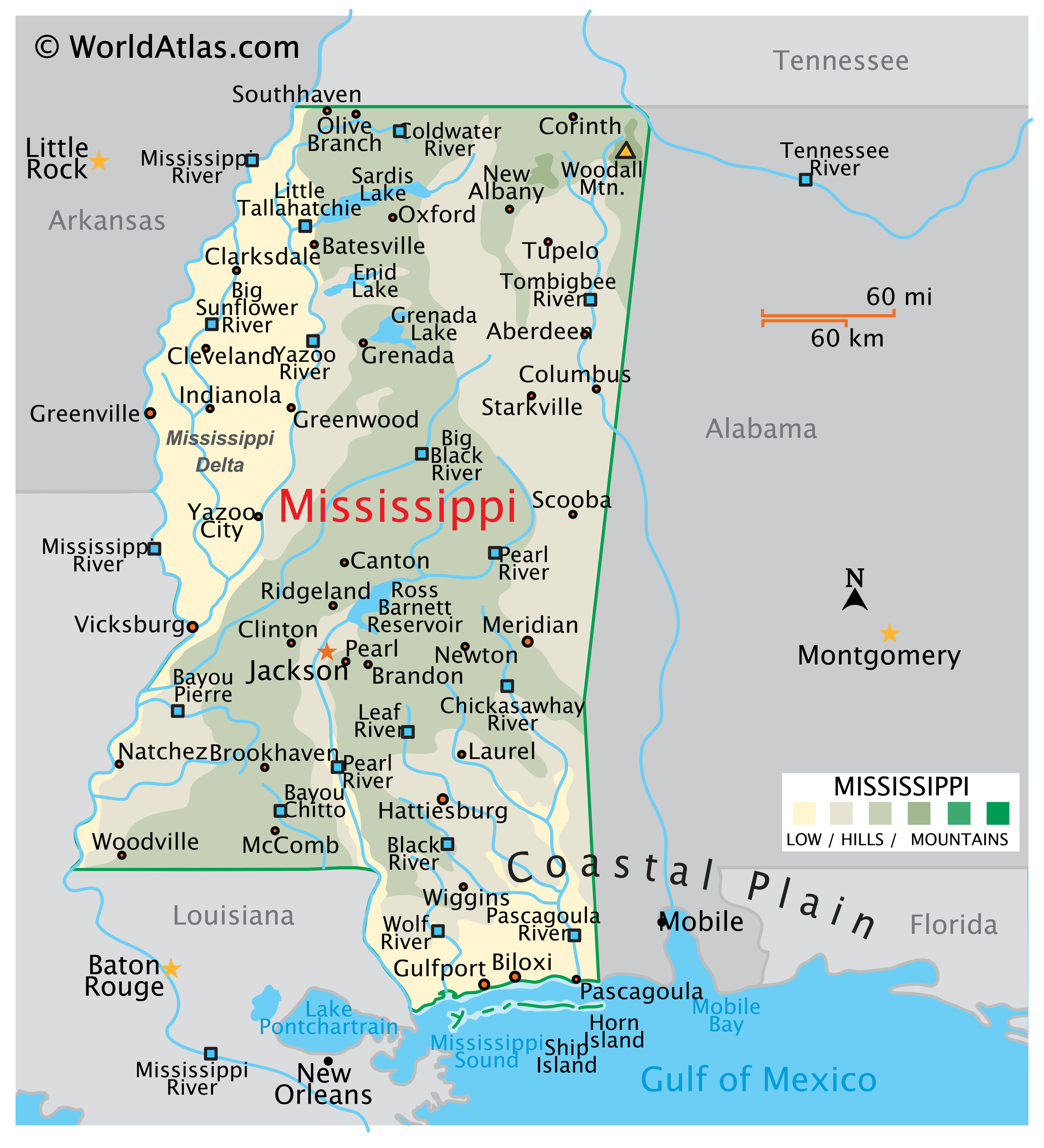 What are some important locations on a map of Mississippi?