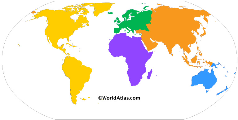 Colored map of the world with the five continents model. Each color represents a continent: Purple for Africa, Green for Europe, Orange of Asia, Yellow for America, Blue for Australia / Oceania.