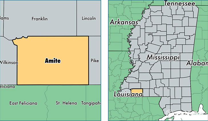 location of Amite county on a map
