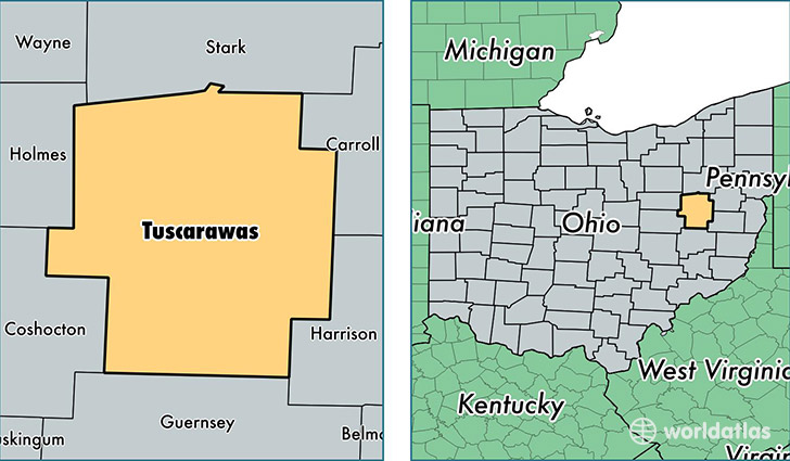 location of Tuscarawas county on a map