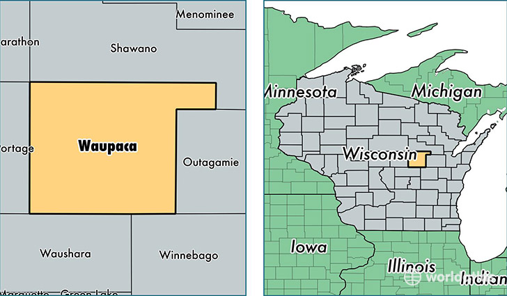 location of Waupaca county on a map