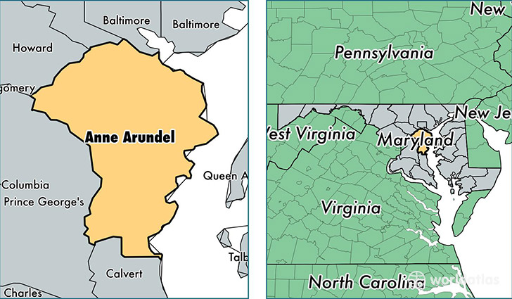 location of Anne Arundel county on a map