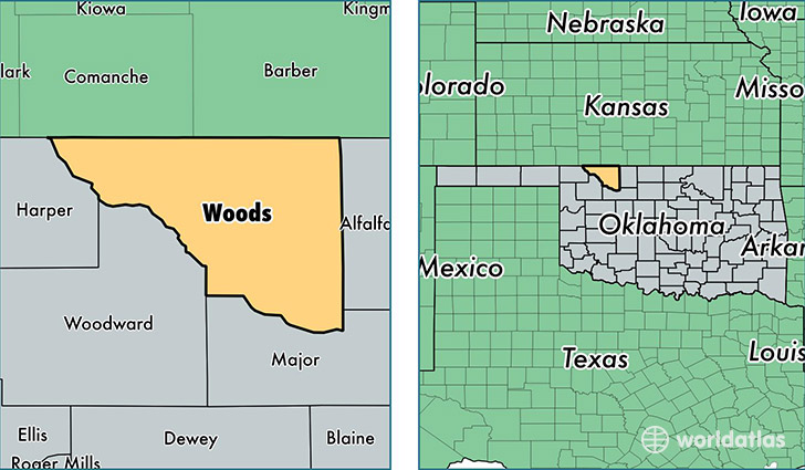 location of Woods county on a map