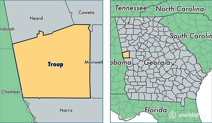 location of Troup county on a map