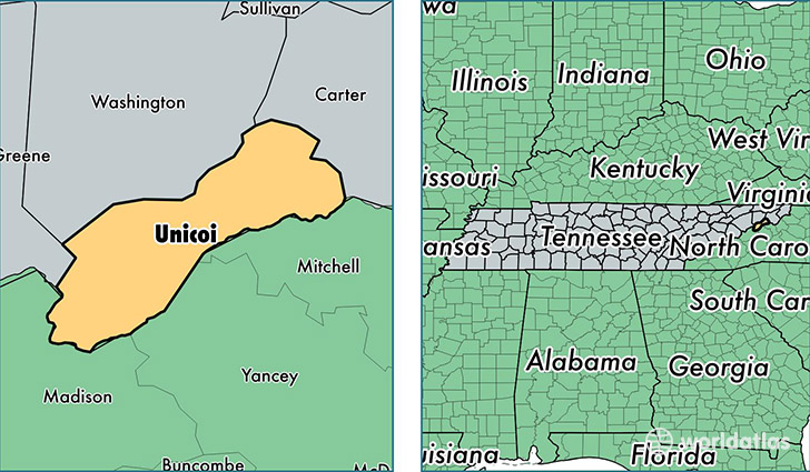 location of Unicoi county on a map