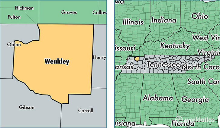 location of Weakley county on a map