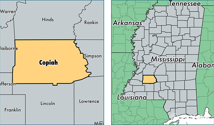location of Copiah county on a map