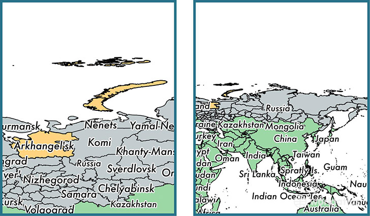 Location of administrative region of Arkhangelsk Oblast on a map