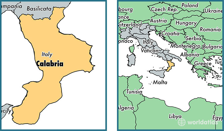 Location of region of Calabria on a map