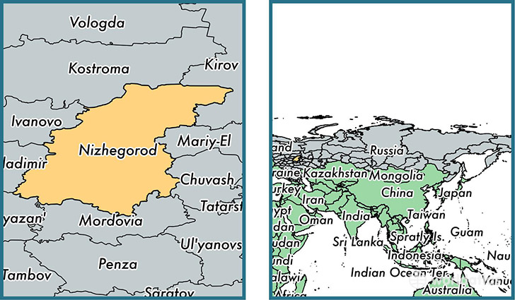 Location of administrative region of Nizhny Novgorod Oblast on a map