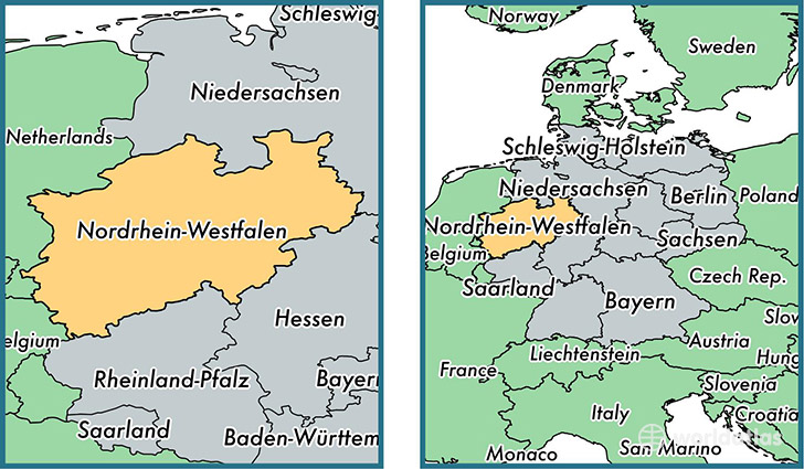Location of state of North Rhine-Westphalia on a map