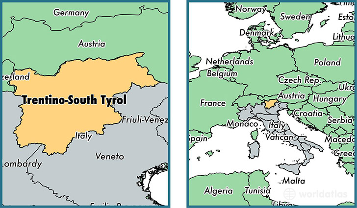 Location of region of Trentino-South Tyrol on a map