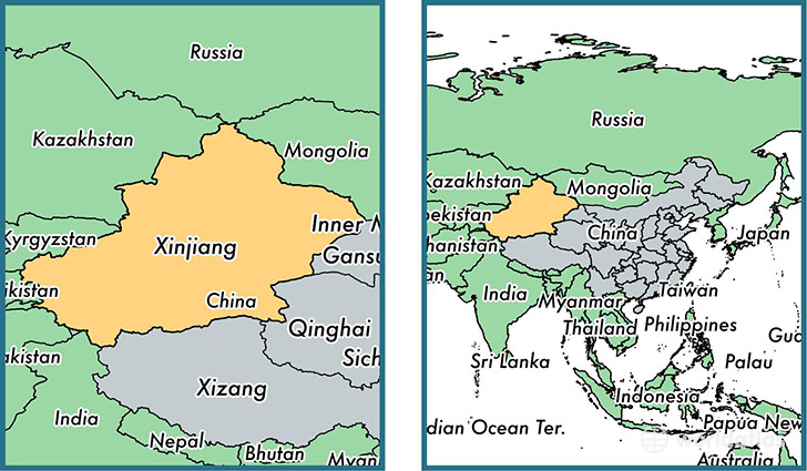 Location of autonomous region of Xinjiang on a map