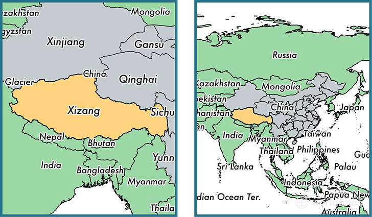 Location of autonomous region of Xizang (Tibet Autonomous Region) on a map