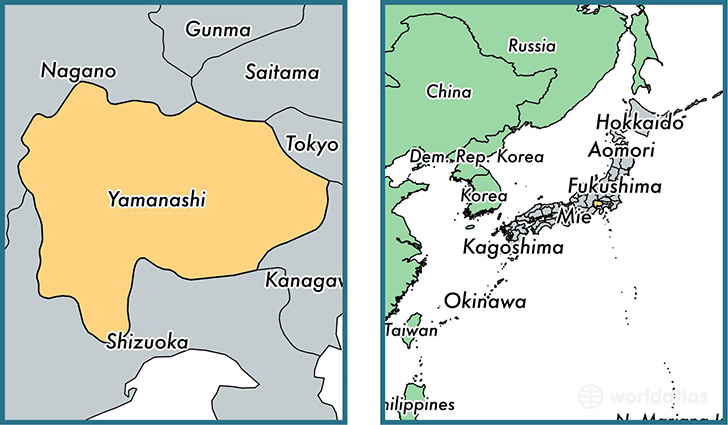 Location of prefecture of Yamanashi on a map