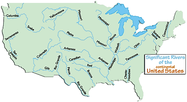 Map of the US mainland with its major rivers and labels