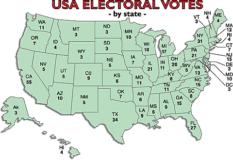 Map of US states and their number of electoral college votes