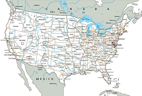 Map of the United States mainland highlighting the US major roadways