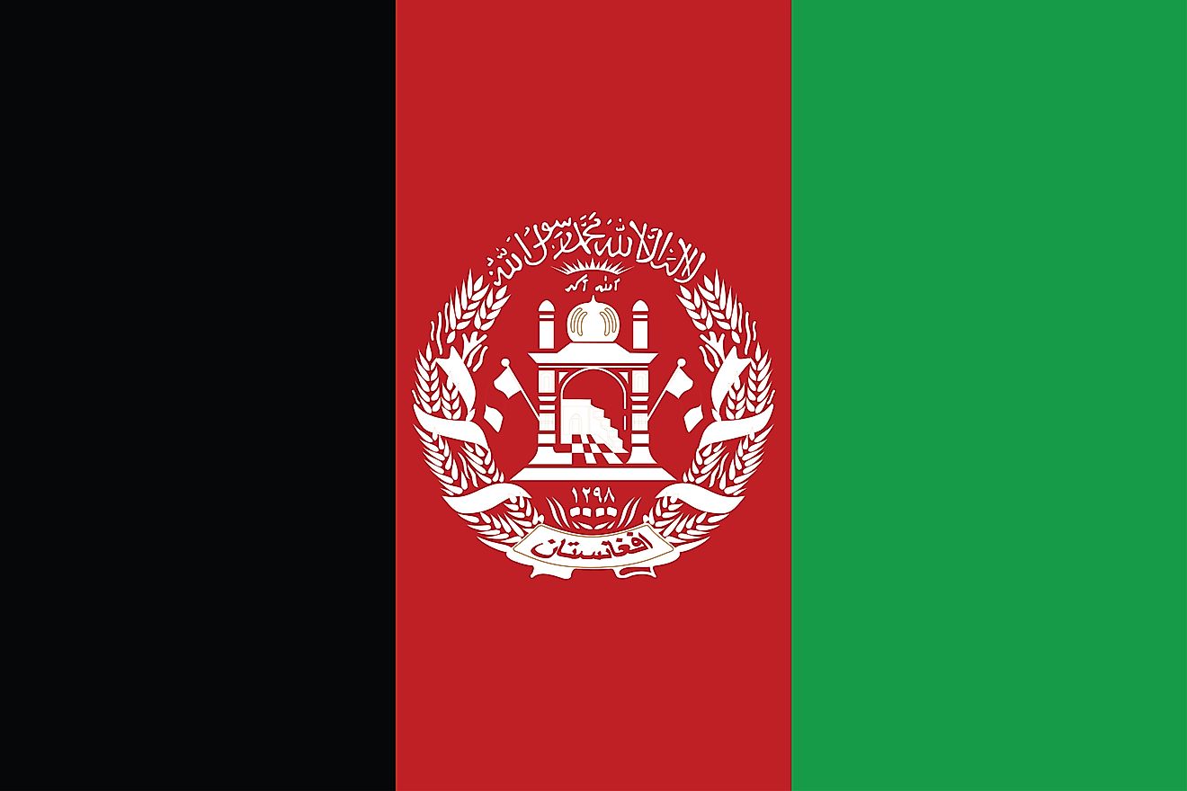 The National Flag of Afghanistan, a tricolor featuring three equal vertical bands of black (hoist side), red, and green.